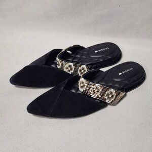 Birdies The Swan Black Suede Pointed Toe Beaded Strap Mules Slides Womens 7.5
